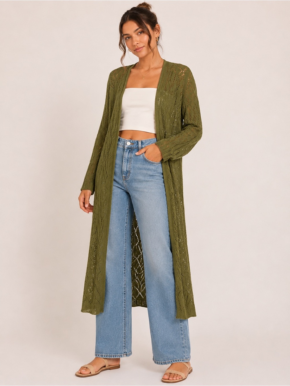 Olive Green Open Knit Duster Cardigan | Size Medium